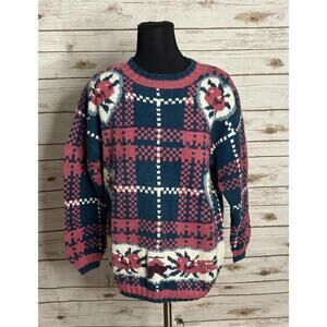 Vintage Paris Sport Club Hand Knit ramie/cotton floral plaid sweater Size Small